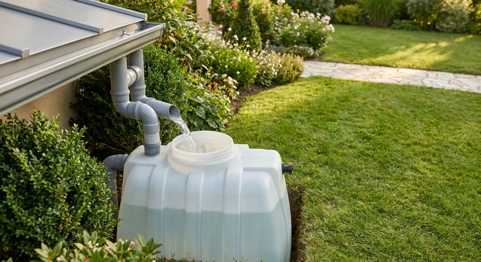 Plan rapproché d'une gouttière d'aluminium moderne connectée à un système de tuyauterie visible, se déversant dans un réservoir de récupération d'eau de pluie translucide ou partiellement visible, installé dans un jardin résidentiel. L'eau s'écoule clairement dans le système. Environnement de jardin aménagé avec espace vert bien entretenu. Image prise en lumière naturelle diurne.