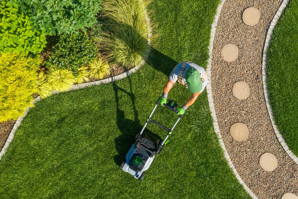 Vue aérienne d'un jardinier en tenue verte utilisant une tondeuse à gazon électrique sur pelouse résidentielle