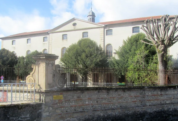 Vue de rue typique de Montluel avec des maisons résidentielles, des petits immeubles locaux et commerces, une rue calme avec trottoirs, montrant l'environnement urbain et périurbain où intervient le paysagiste. Le style architectural doit être caractéristique d'une commune de l'Ain (Rhône-Alpes), avec un ciel dégagé et une ambiance diurne claire. L'image doit transmettre une impression de proximité et d'accessibilité locale.